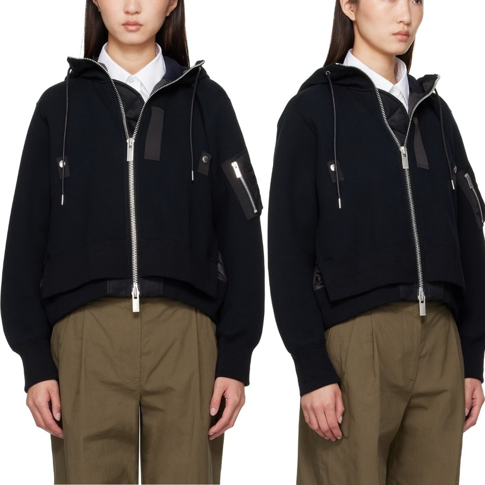 Sacai Jacket Sponge Sweat x Nylon Twill Hybrid Hoodie Black Bomber Jacket Size 3